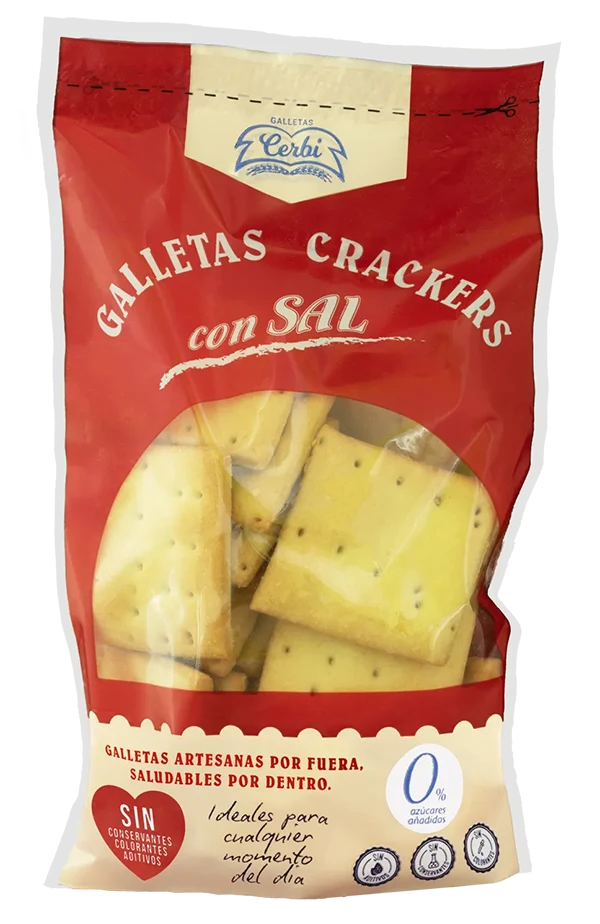Galletas artesanas con sal, finas y crujientes, elaboradas sin conservantes ni aditivos en obrador tradicional.