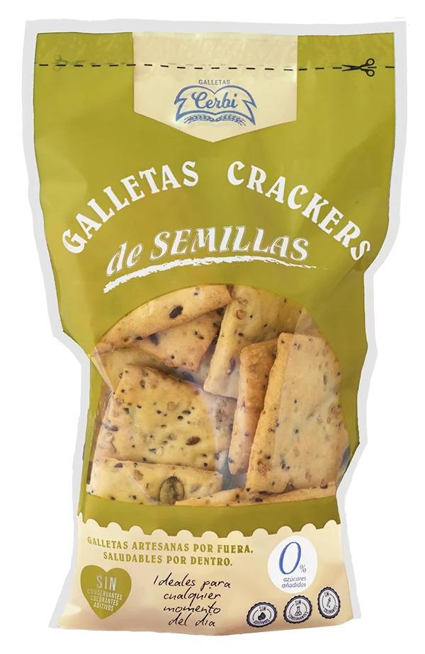 Galletas finas y crujientes con 5 semillas naturales. Sin aditivos. Fuente de fibra y energía. Sabor auténtico y textura artesanal.