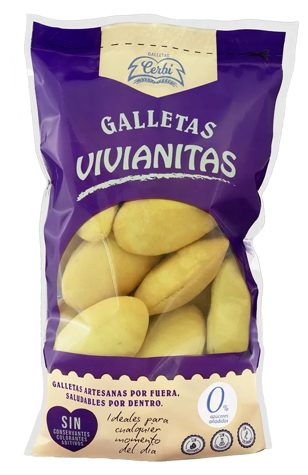 Galletas artesanas Vivianitas, finas y crujientes, sin conservantes ni aditivos, presentadas sobre bandeja metálica en ambiente rústico.